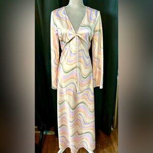 Topshop Cream, Pastel Swirl Long Sleeve Cutout Tie Back Maxi Dress, US Size 10
